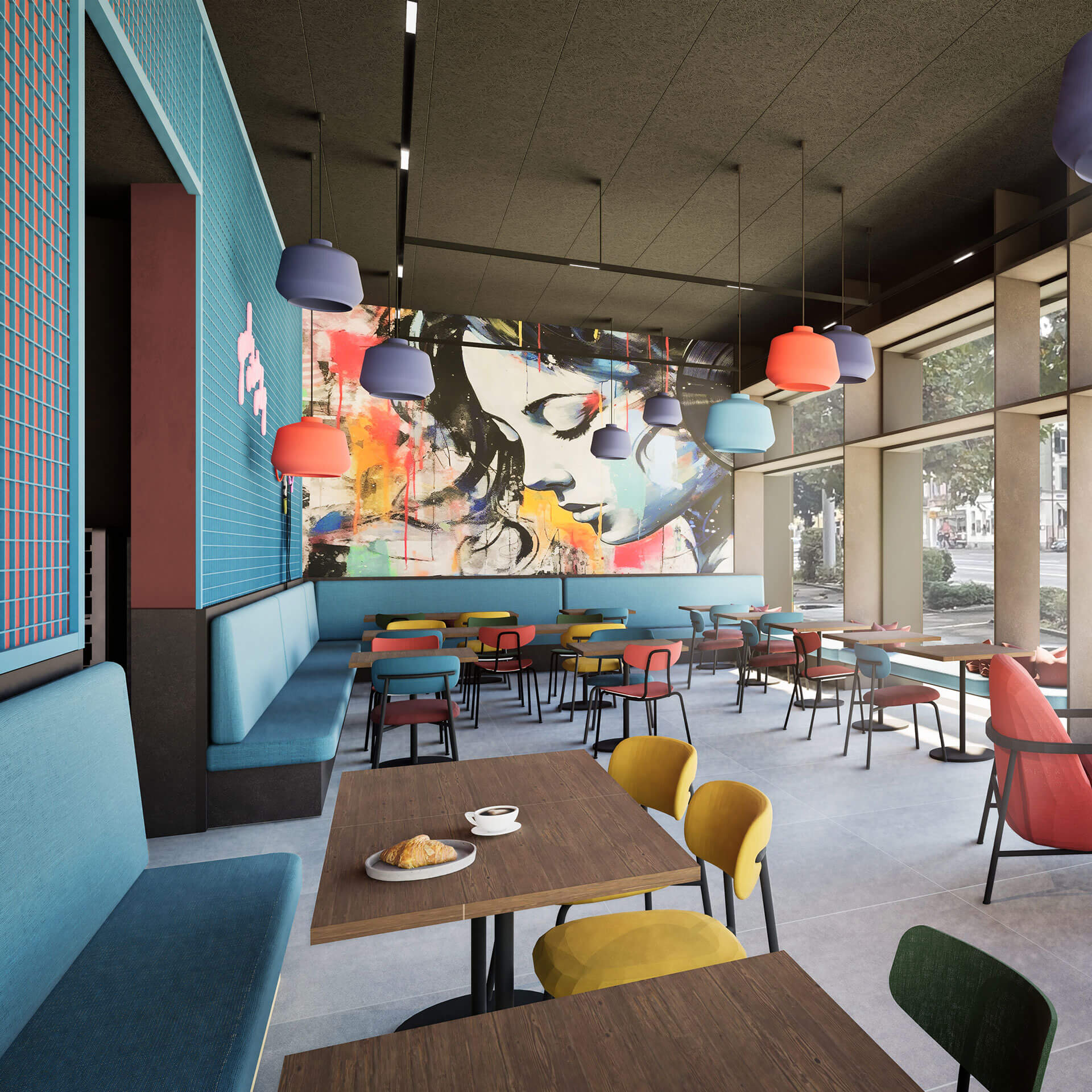 Modern café with colorful chairs, wooden tables, pendant lights, and a large mural of a woman's face.