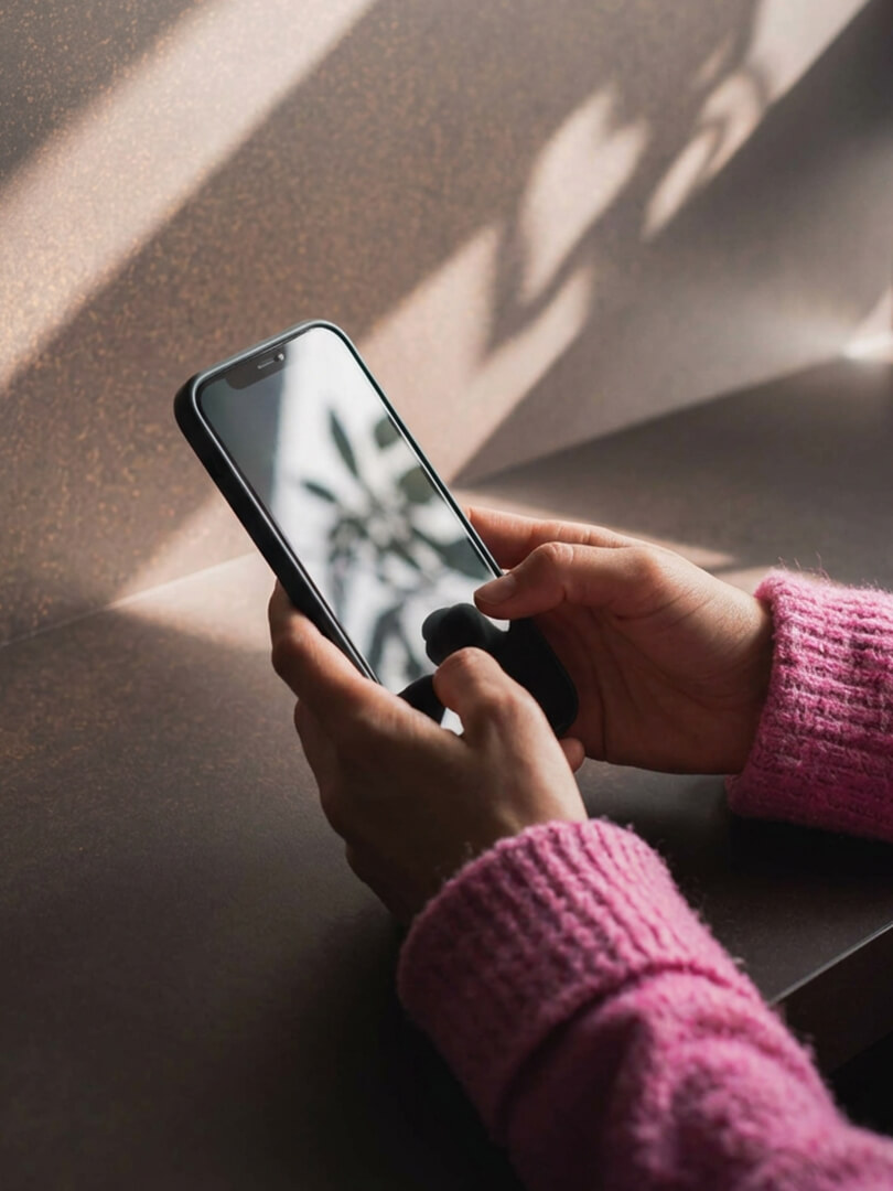 Hände in rosa Pullovern halten ein Smartphone mit Spiegelung und Herzform-Schatten im Hintergrund.