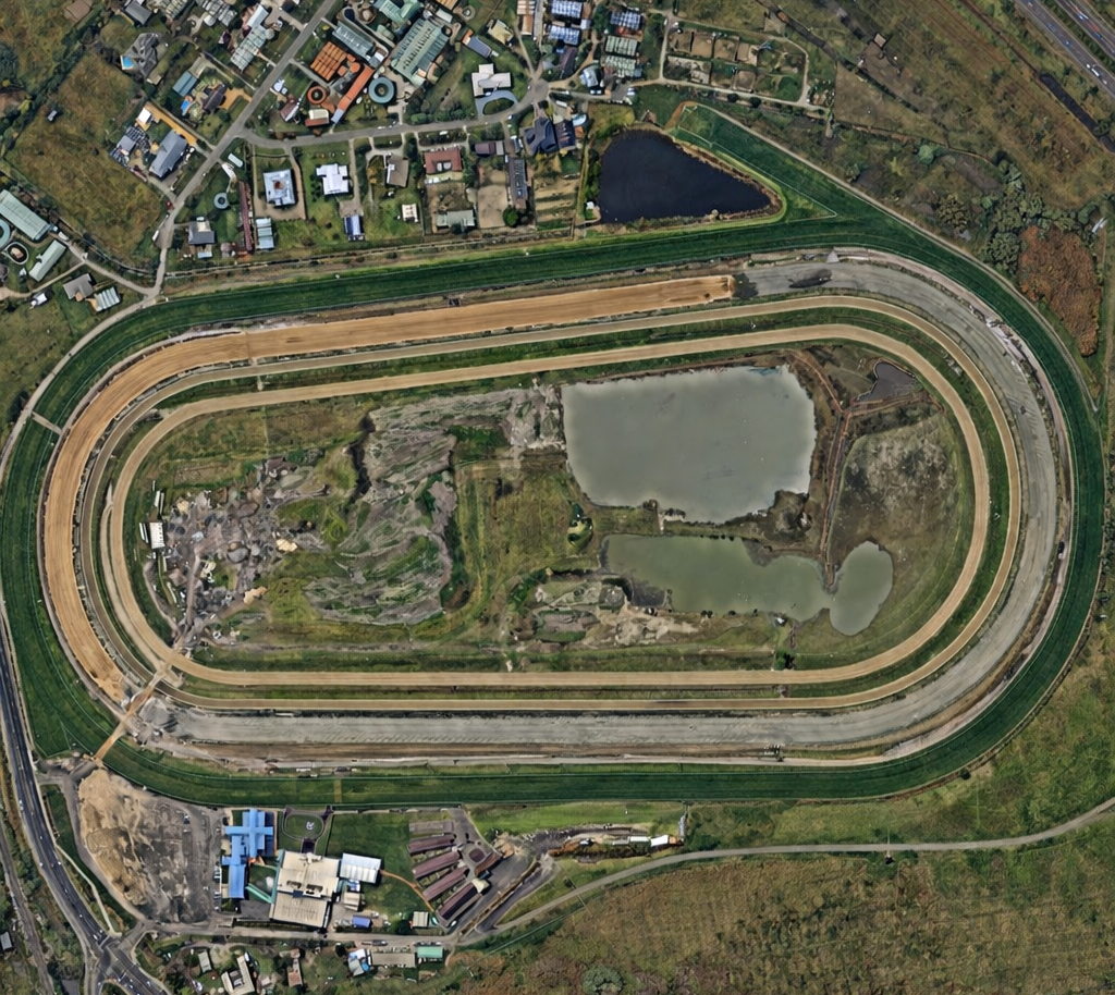 Aerial view of an oval racetrack with multiple lanes, adjacent buildings, and ponds inside the track.