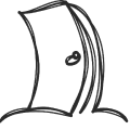 Black outline of a curved crescent moon with a small circular eye.