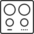 Black and white icon of an electric cooktop with four circular burners and two control knobs.