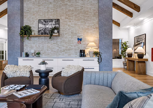 Modern living room with a gray sofa, two brown chairs with white throws, a black side table with a plant, and a white cabinet against a textured wall with plants and a lamp.