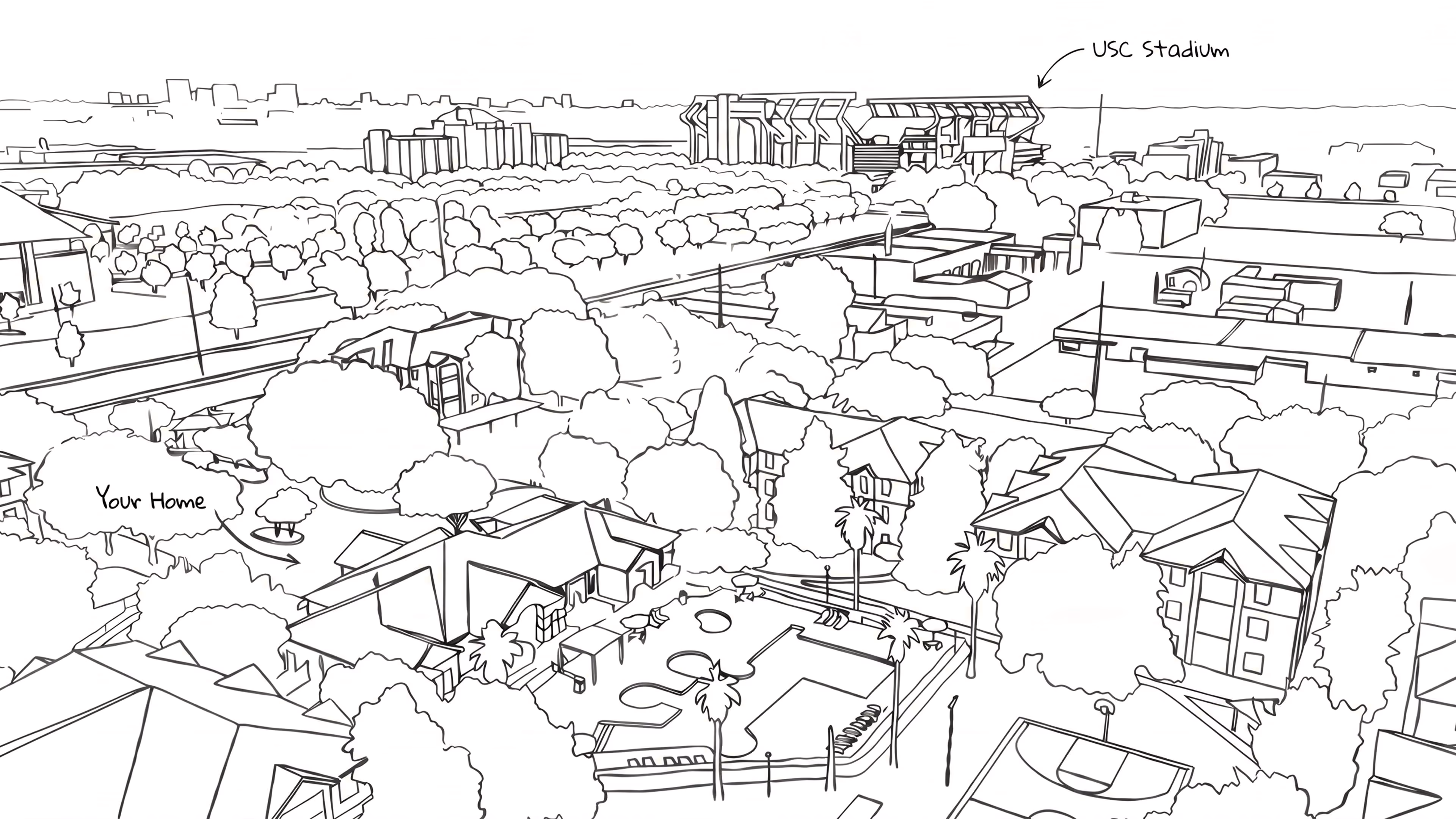 Black and white sketch of a residential area with apartment buildings, a pool, basketball court, trees, and a distant stadium labeled USC Stadium.