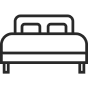 Black outline icon of a double bed with two pillows.