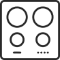 Icon of a black stove cooktop with two large and two smaller burners and four small control knobs.