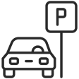 Icon of a car parked next to a parking sign with a P symbol.