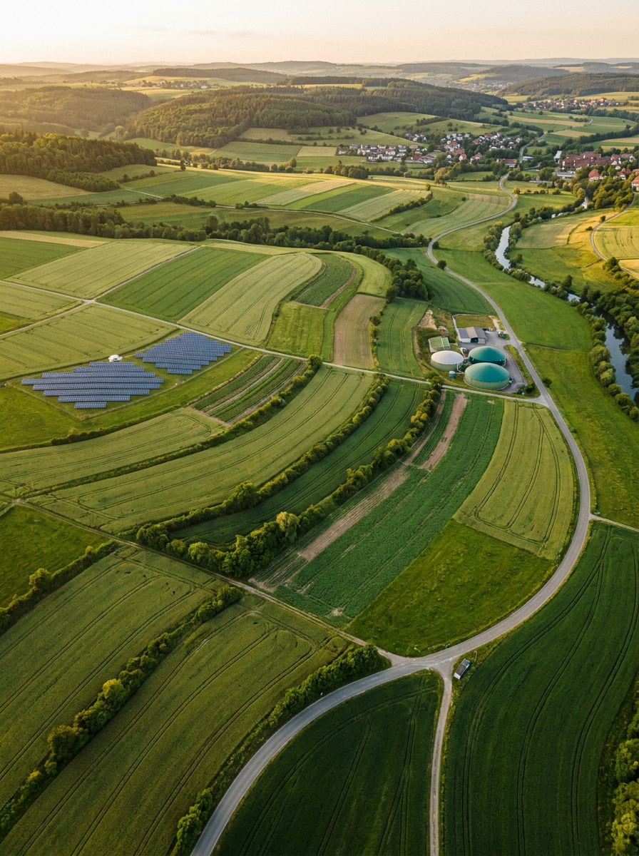 Europäische Ackerbaulandschaft mit grünen Feldern bei Sonnenuntergang