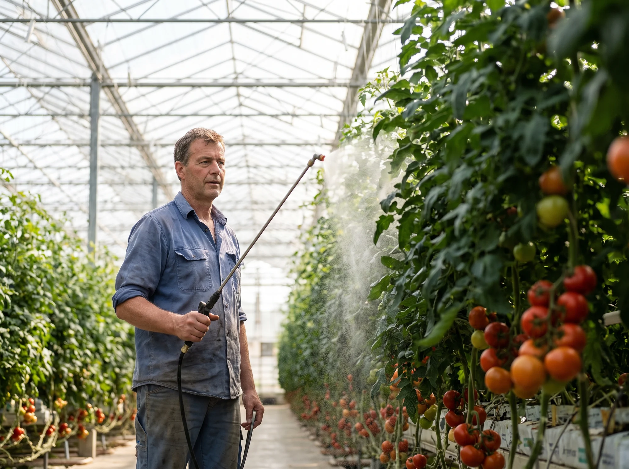 Blattapplikation eines kolloidalen Düngers an Tomatenpflanzen im Gewächshaus
