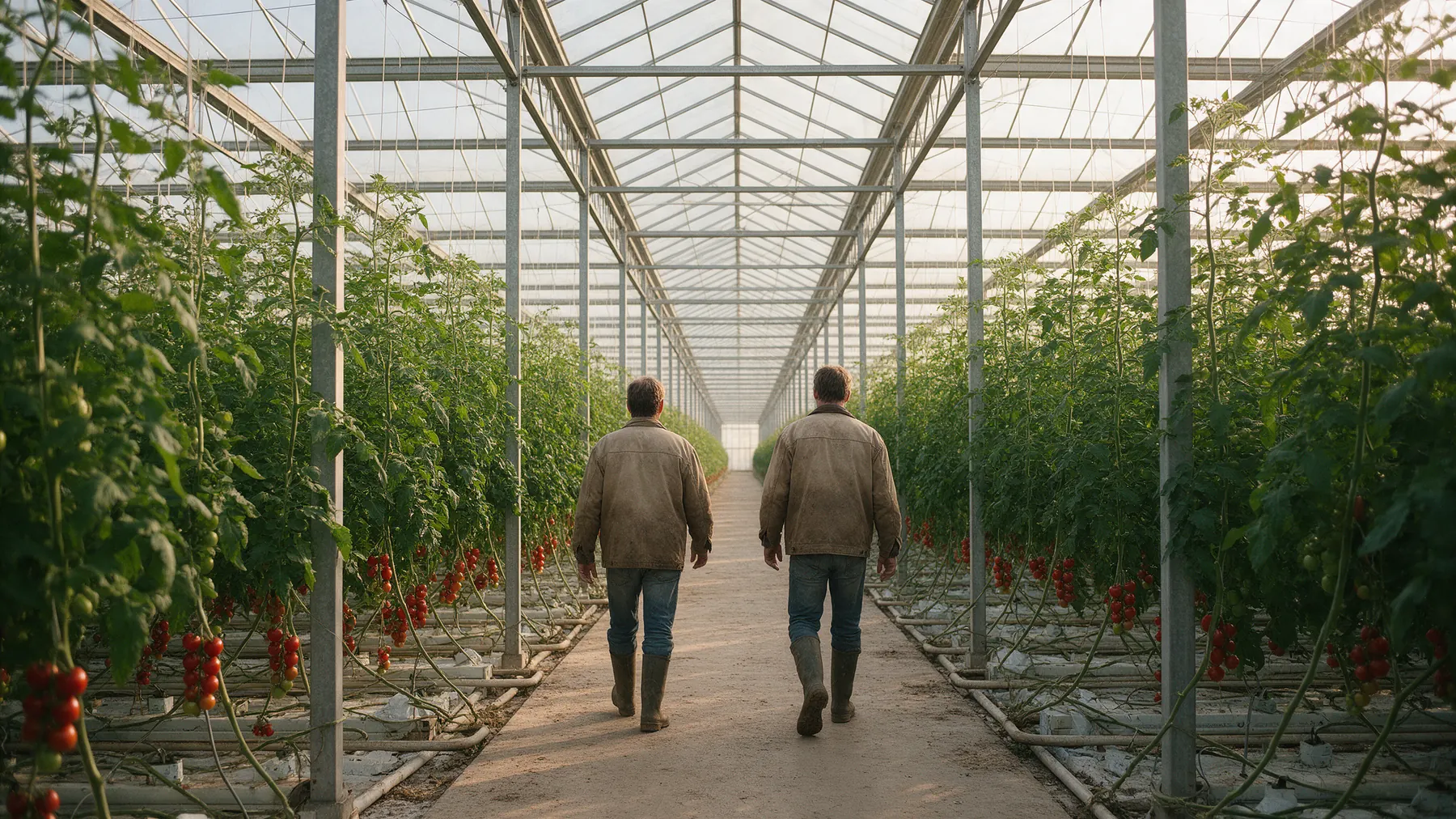 Zwei Personen im Mittelgang eines Tomatengewächshauses