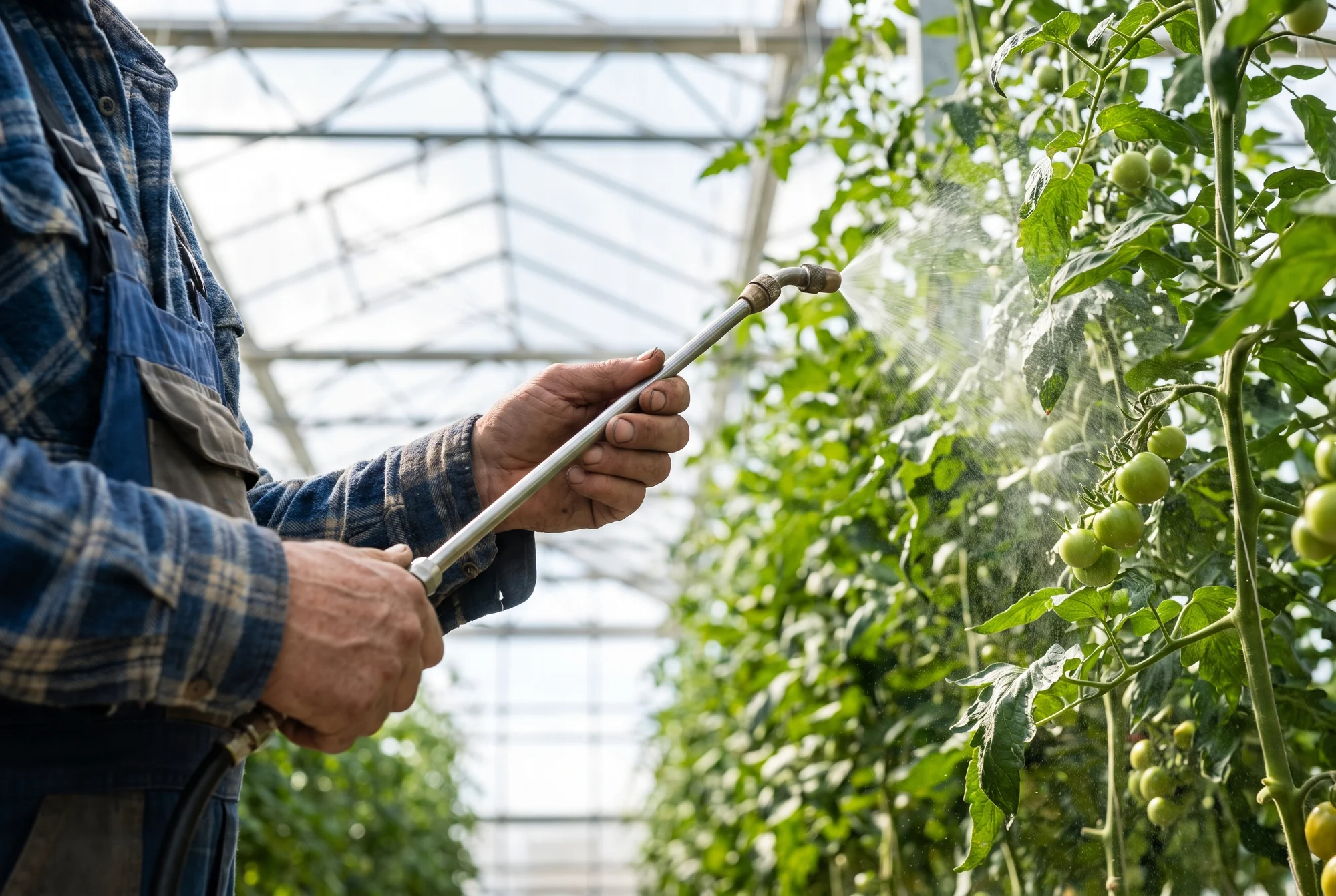 Blattapplikation von AgroArgentum Forte an Tomatenpflanzen im Gewächshaus