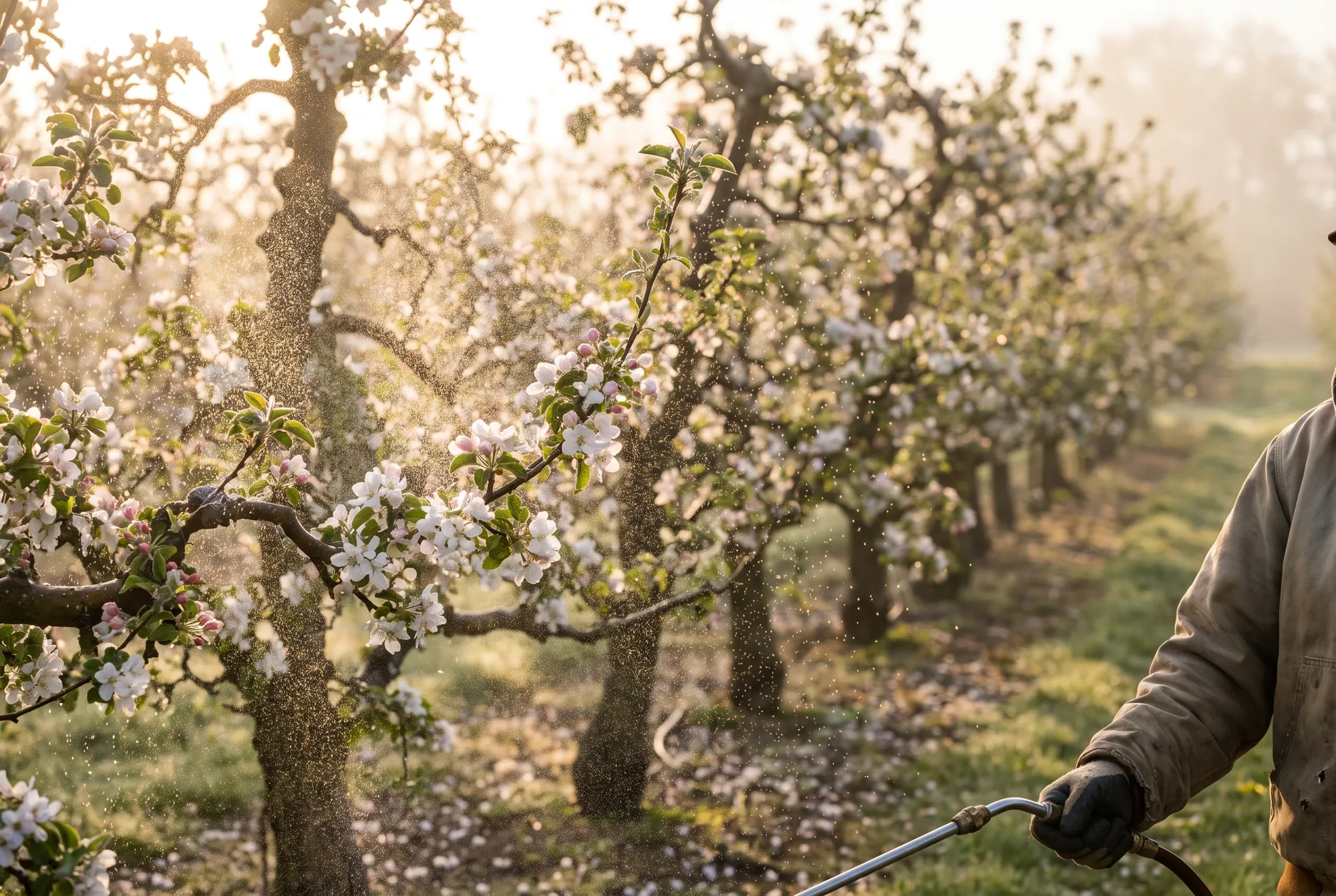 Feiner Sprühnebel an blühenden Obstbaumzweigen am Morgen