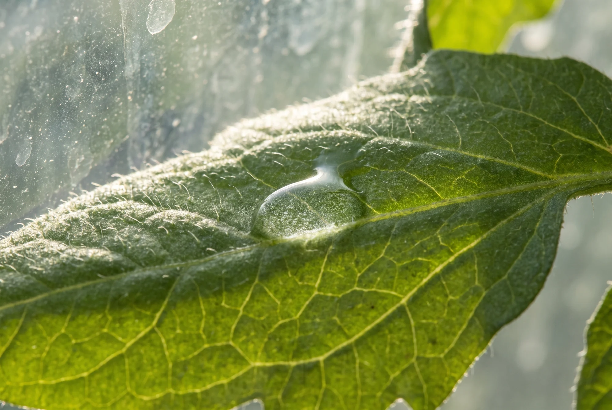 Kolloidaler Tropfen zieht in die Blattoberfläche einer Tomatenpflanze ein