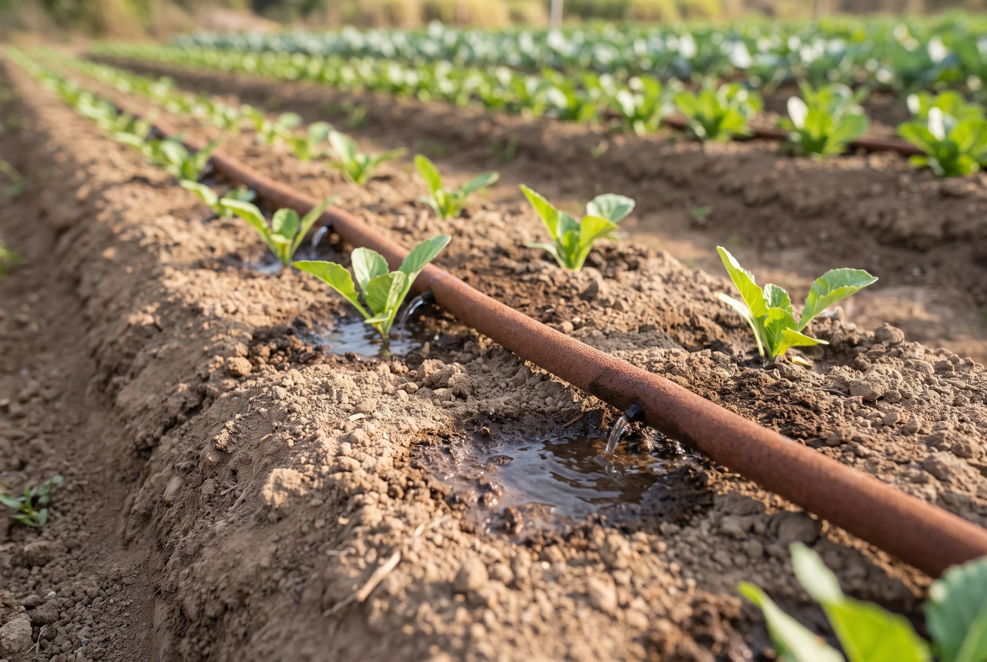 Fertigation über Tropfschlauch in einem Freilandgemüsebeet