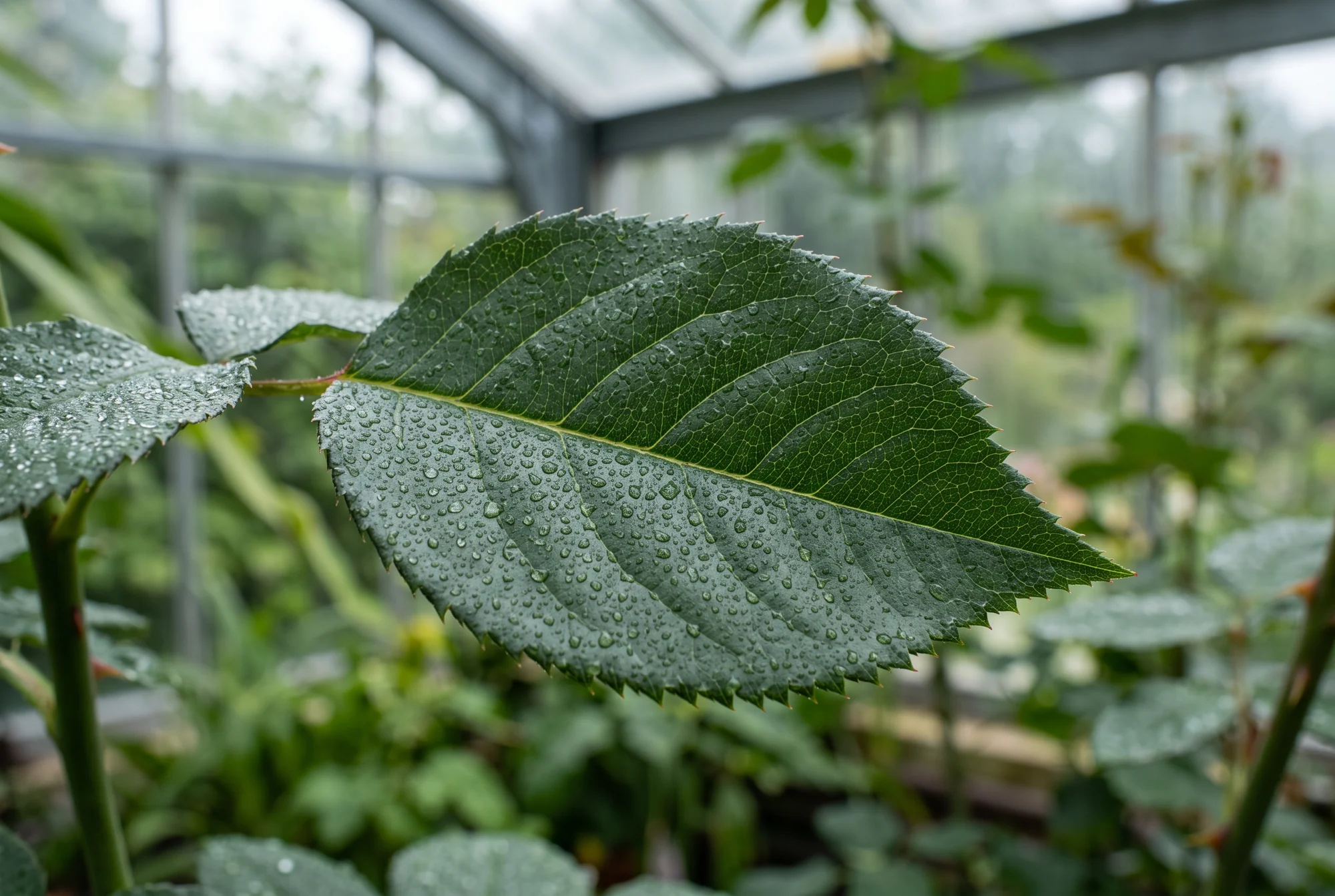 Makroaufnahme eines Rosenblatts mit feinen Tropfen