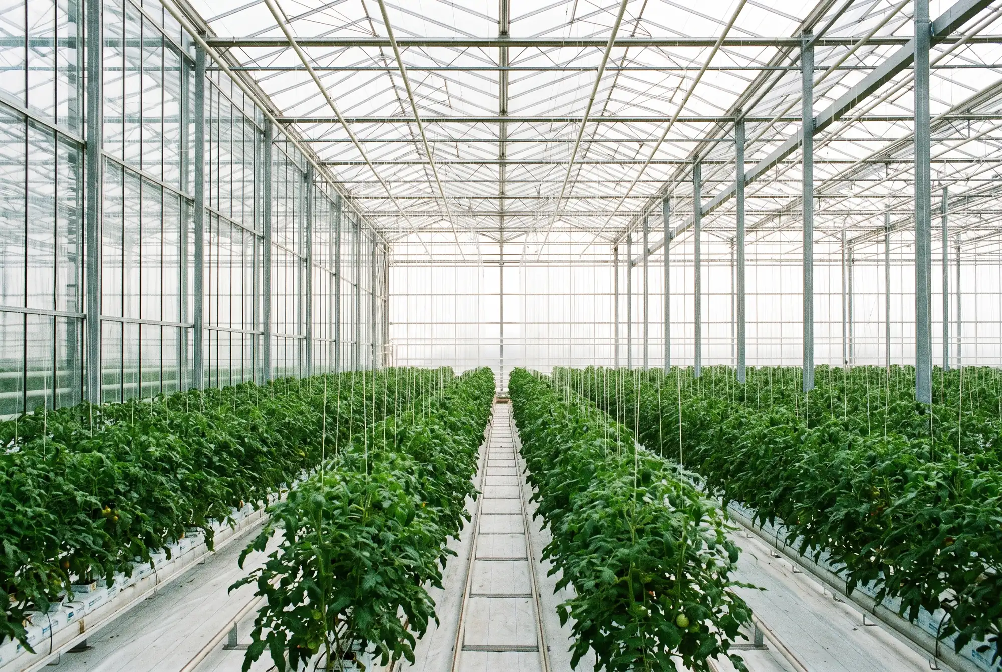 Weite Innenansicht eines Tomatengewächshauses mit gleichmäßigen Reihen