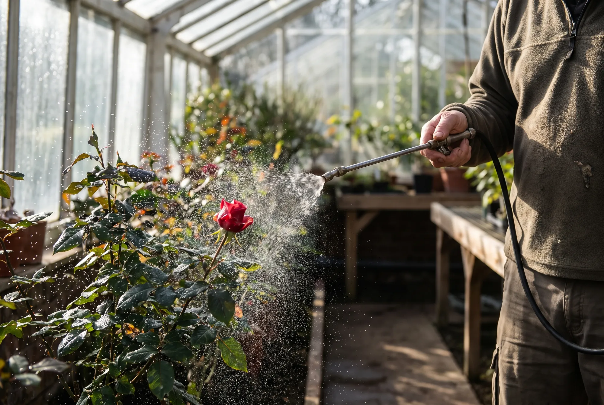 Feiner Sprühnebel an Rosenlaub im Gewächshaus