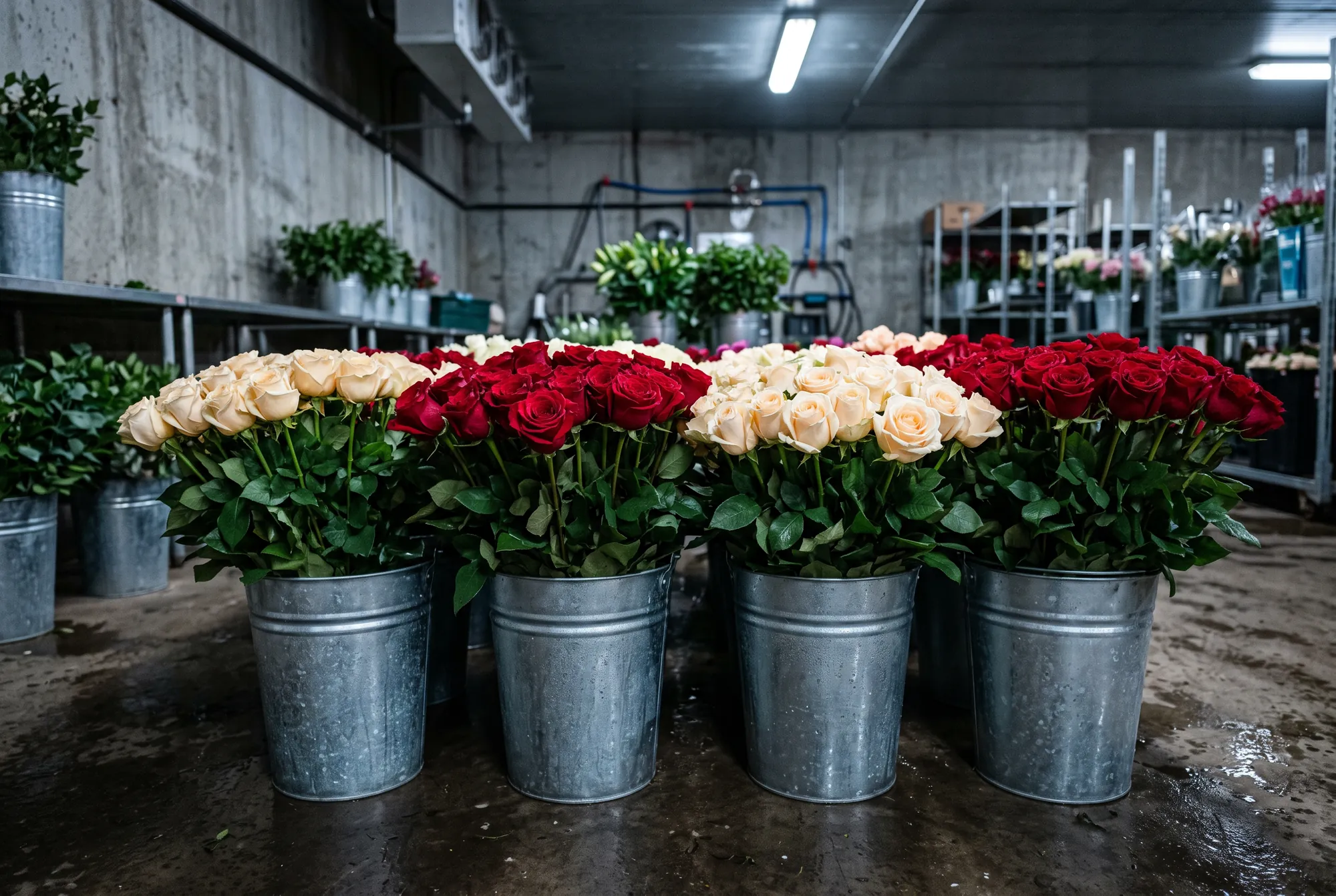 Geerntete Rosenbunde in Wassereimern im Kühlraum