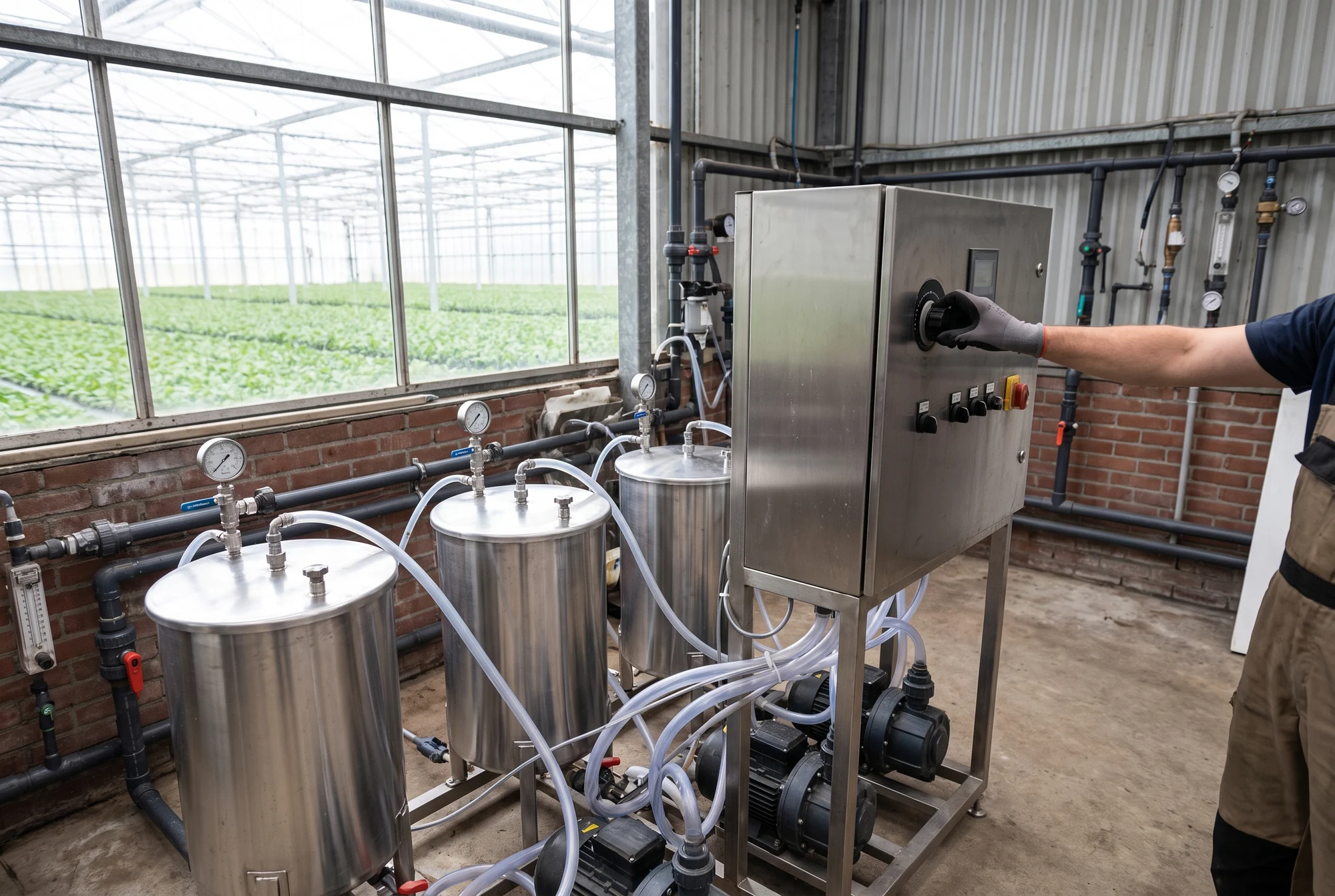 Fertigationsanlage mit Dosierpumpen im Technikraum eines Gewächshauses