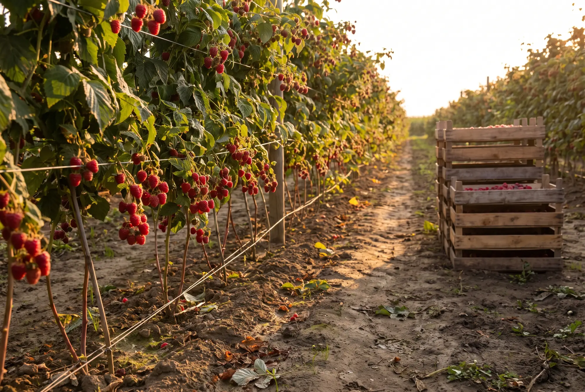 Himbeerreihen mit reifen Früchten und Erntekisten am Reihenende