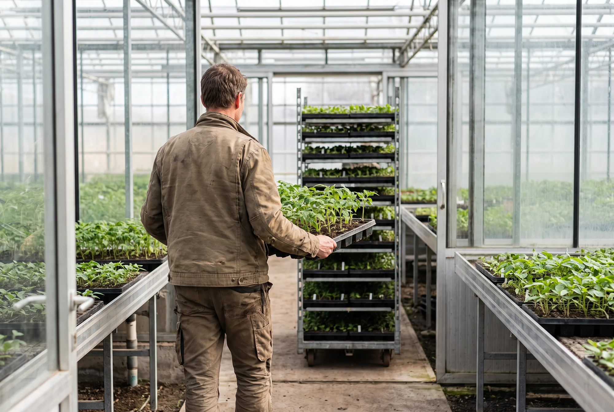 Mitarbeiter trägt eine Palette gleichmäßiger Jungpflanzen zum Versand