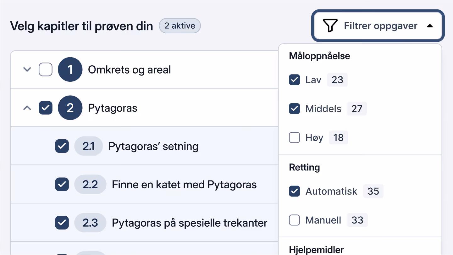 Skjermbilde av Campus Prøver der læreren velger kapitler og filtrerer oppgaver