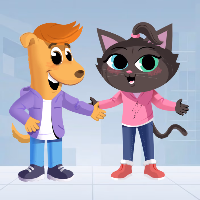Animasjonsfigur av en hund i lilla jakke og katt i rosa genser som rekker ut hendene mot hverandre.