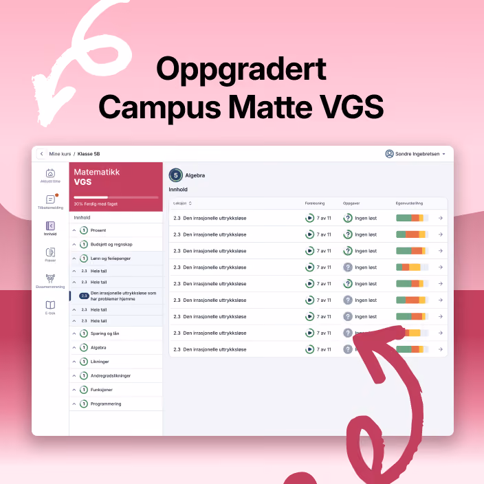 Skjermbilde av oppgradert Campus Matte VGS med kapitteloversikt og elevfremdrift