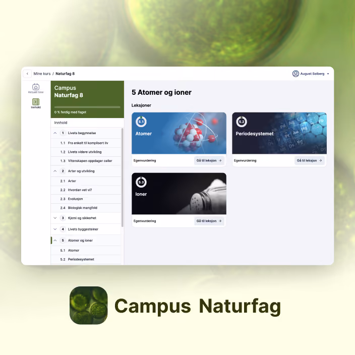Skjermbilde av Campus Naturfag 8 med kapittelet om atomer og ioner