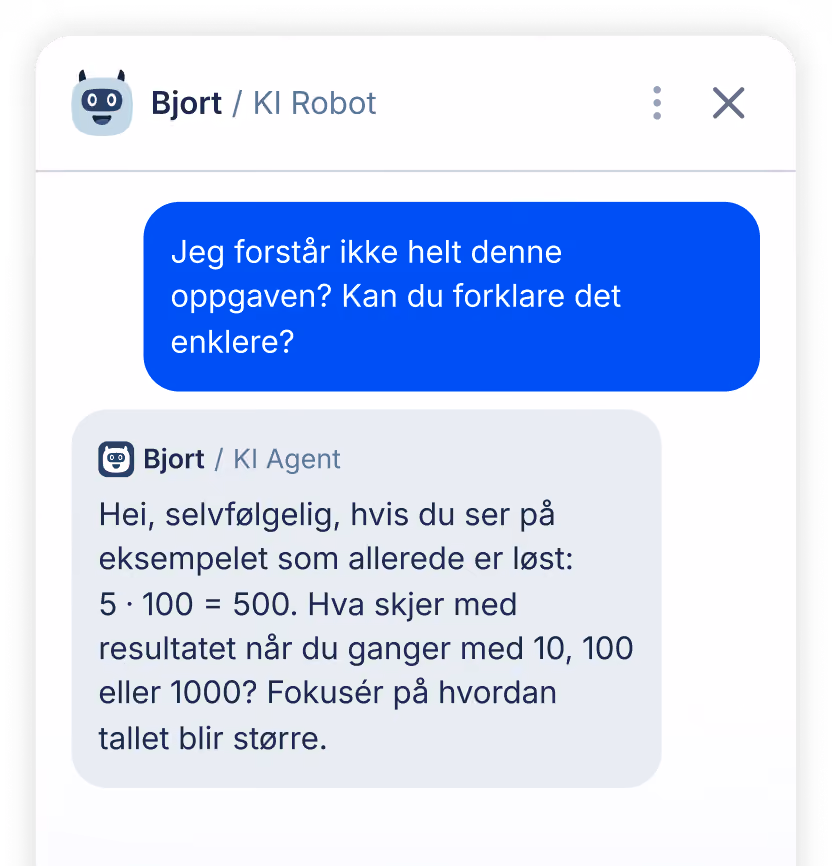 Samtale med KI-roboten Bjort, der Bjort forklarer en matematikkoppgave steg for steg