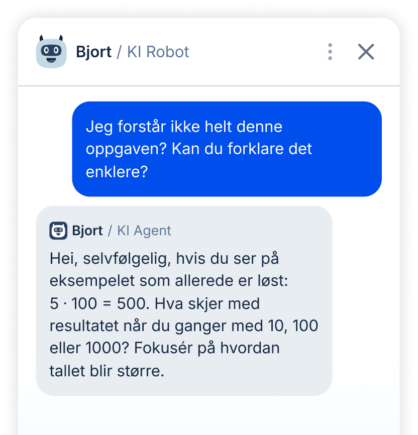 Samtale med KI-roboten Bjort, der Bjort forklarer en matematikkoppgave steg for steg