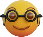 Smilende emoji med briller og brune øyne.