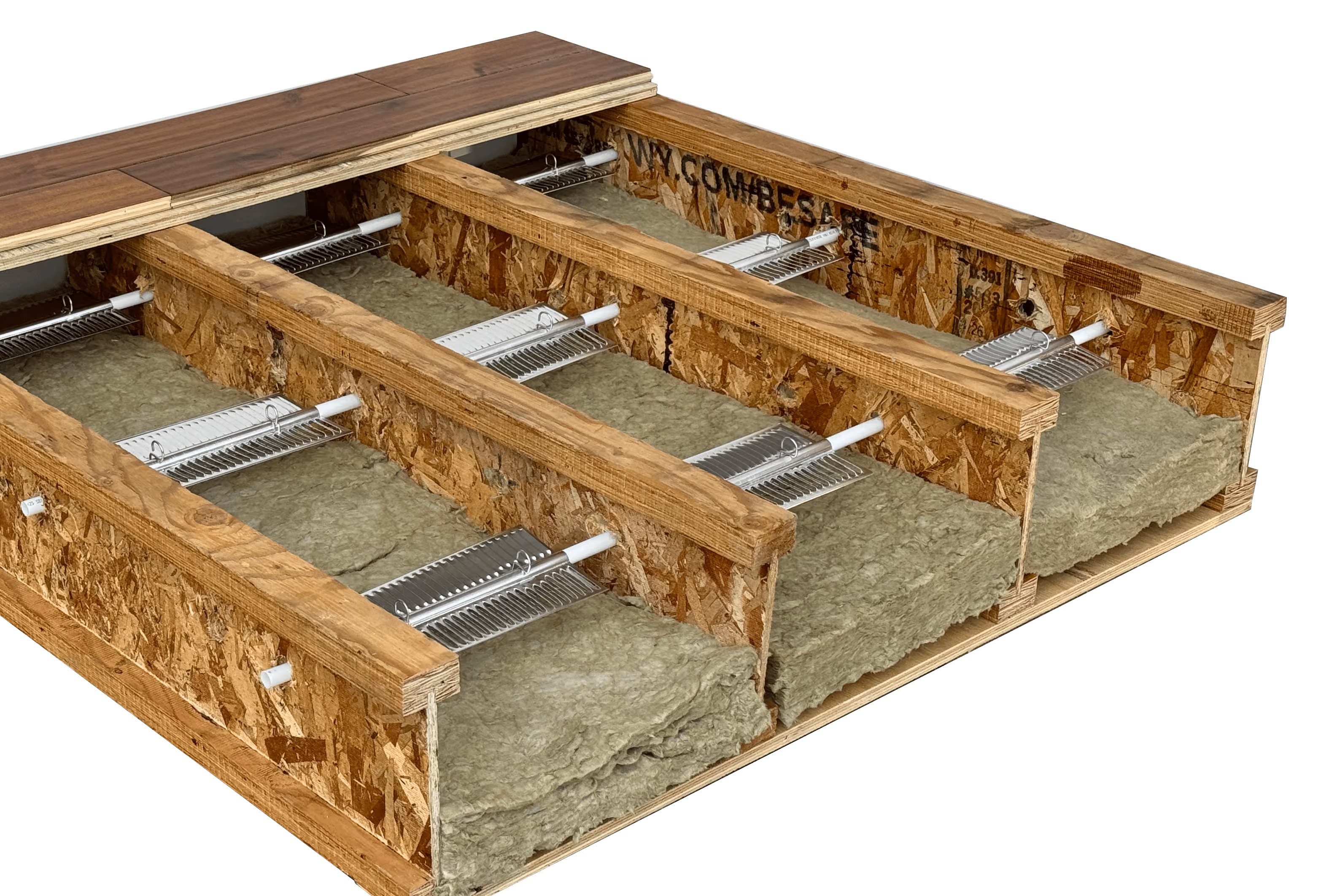 Cross section of wooden floor joists insulated with thick gray fiberglass and metal fasteners.