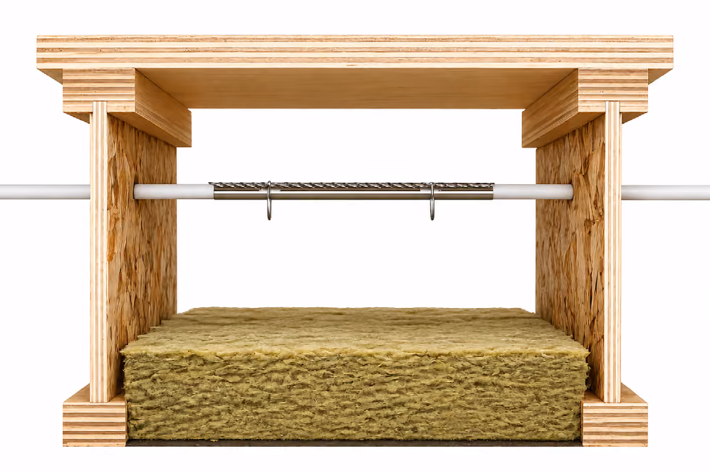 Cross-section of wood frame wall with insulation panel and metal rod support inside.