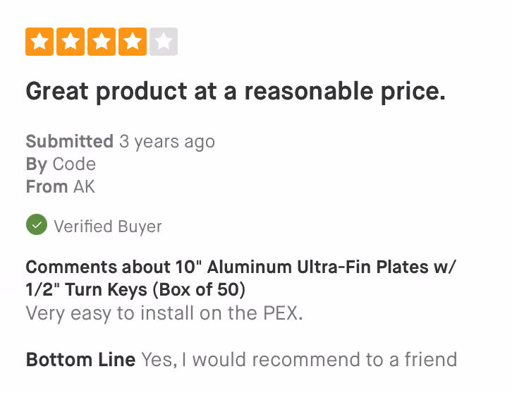 Product review with 4-star rating praising reasonable price and easy installation, recommending to a friend.