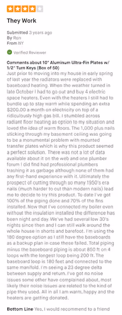 4-star customer review excerpt about Aluminum Ultra-Fin Plates radiator heating panels.