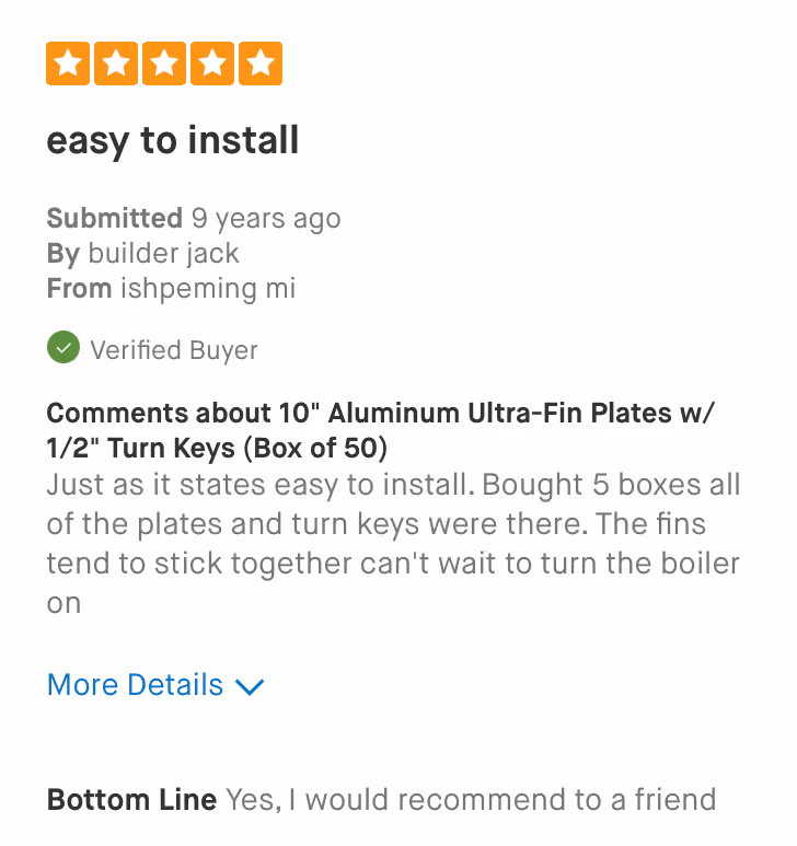 Five-star product review titled 'easy to install' by builder jack from ishpeming mi, verified buyer.