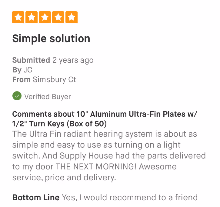 Five-star review titled Simple solution praising fast delivery and ease of use of hearing system parts.