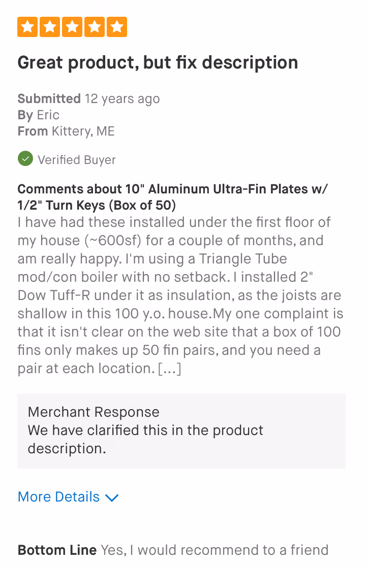 Screenshot of a 5-star product review mentioning a description issue, merchant response, and recommendation.