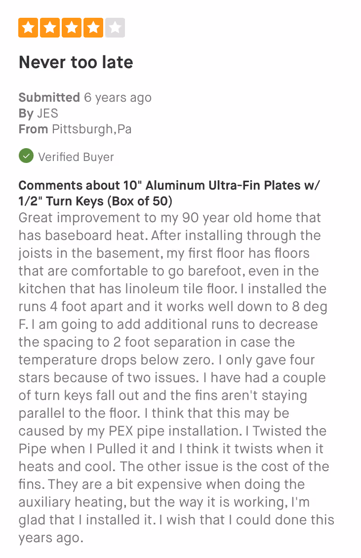 Customer review titled 'Never too late' rates product 4 stars, sharing a detailed installation experience.