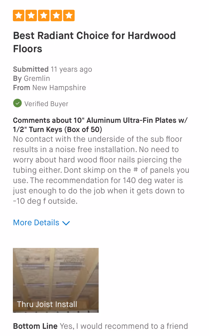 Five orange stars rating above review titled Best Radiant Choice for Hardwood Floors by Gremlin from New Hampshire.