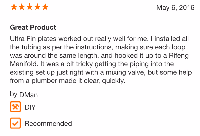 5-star review praising Ultra Fin plates and installation with DIY tips, recommended by user DMan, dated May 6, 2016.