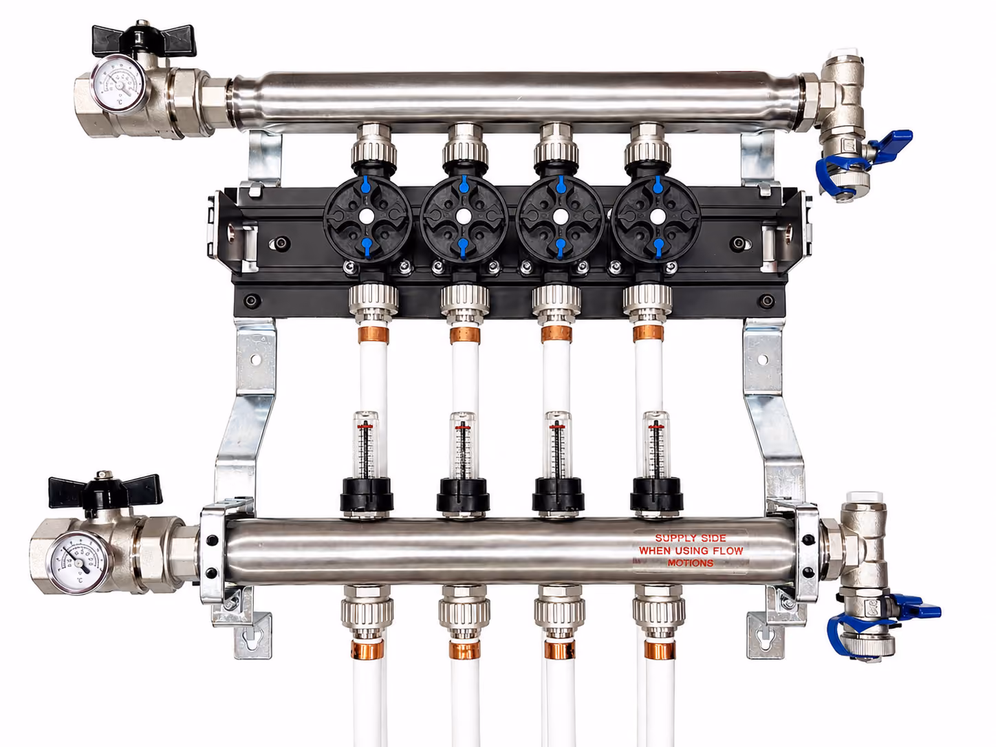 Metal plumbing manifold with four valves, pressure gauges, flow meters, and attached white pipes.