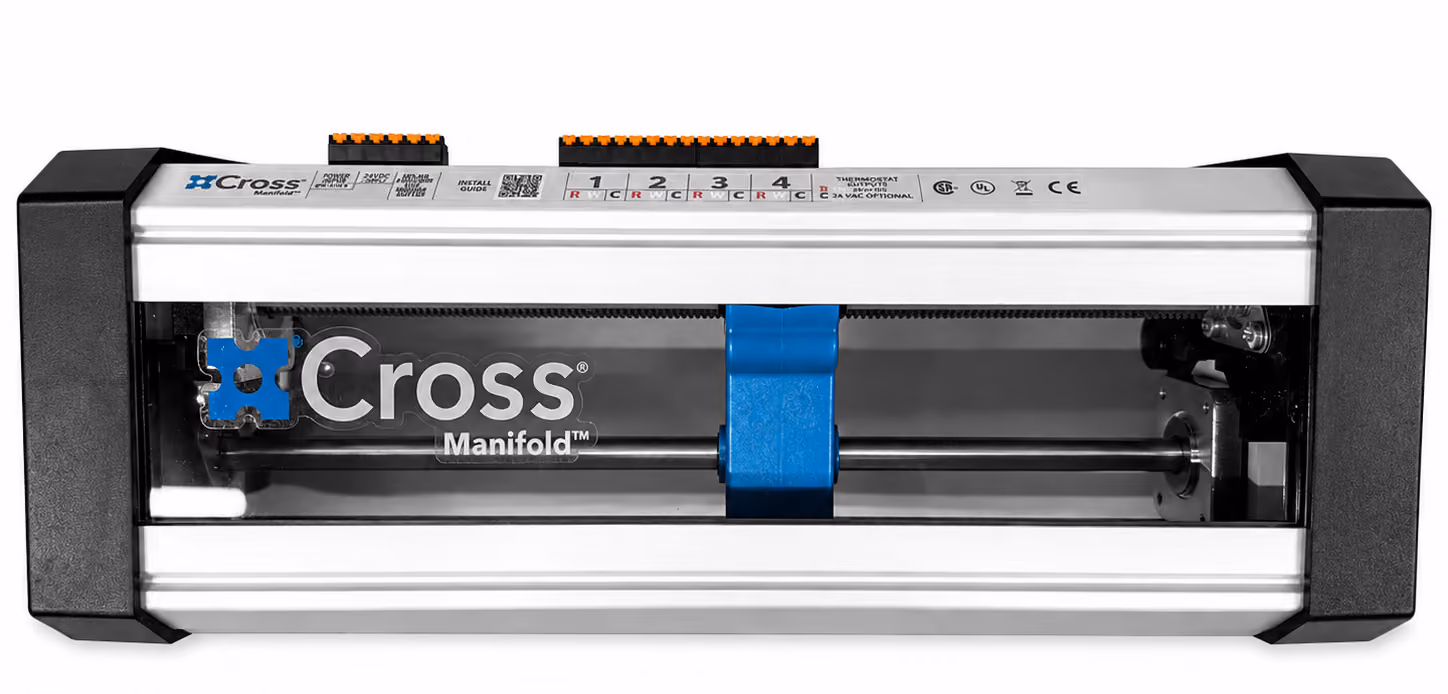 Cross Manifold device with metal frame, blue central component, and labeled terminal connectors on top.