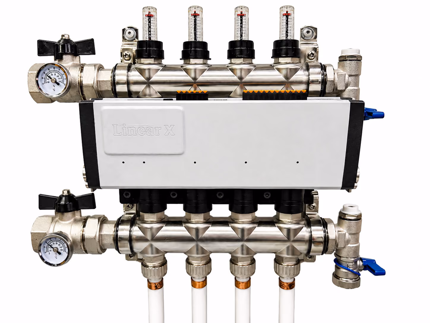 Stainless steel plumbing manifold with gauges, valves, and white pipes for fluid distribution.