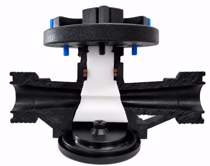 Cross section of a black mechanical valve with a white internal lining and blue locking clips.