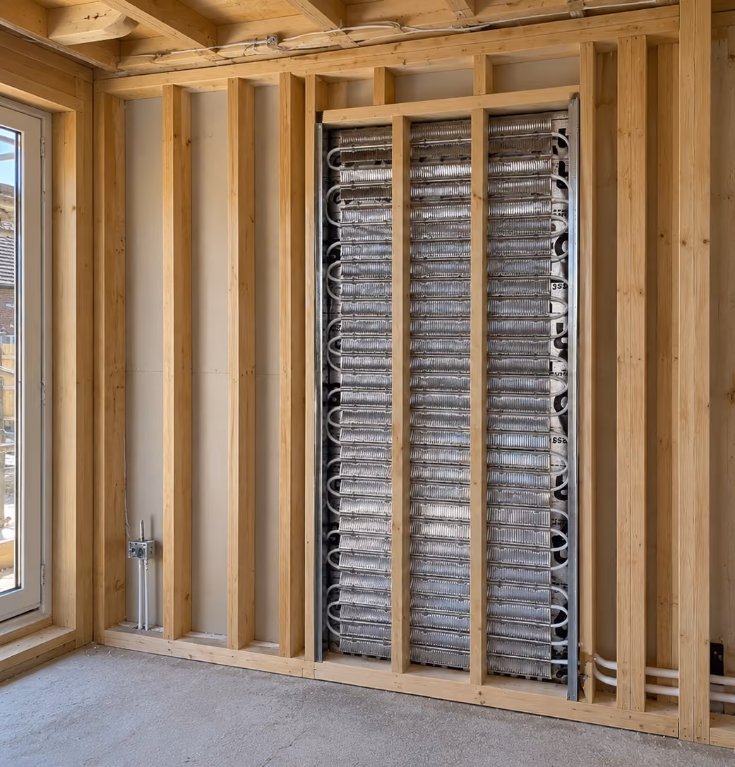 Unfinished room with wooden studs and a metal wall heating or cooling coil panel installed.