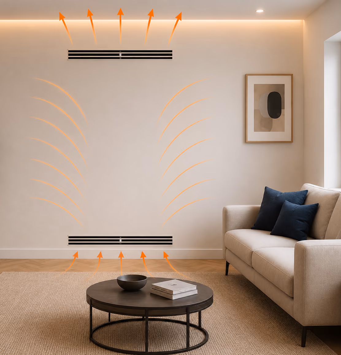 Modern living room with beige sofa, round coffee table, abstract wall art, air vents showing airflow.