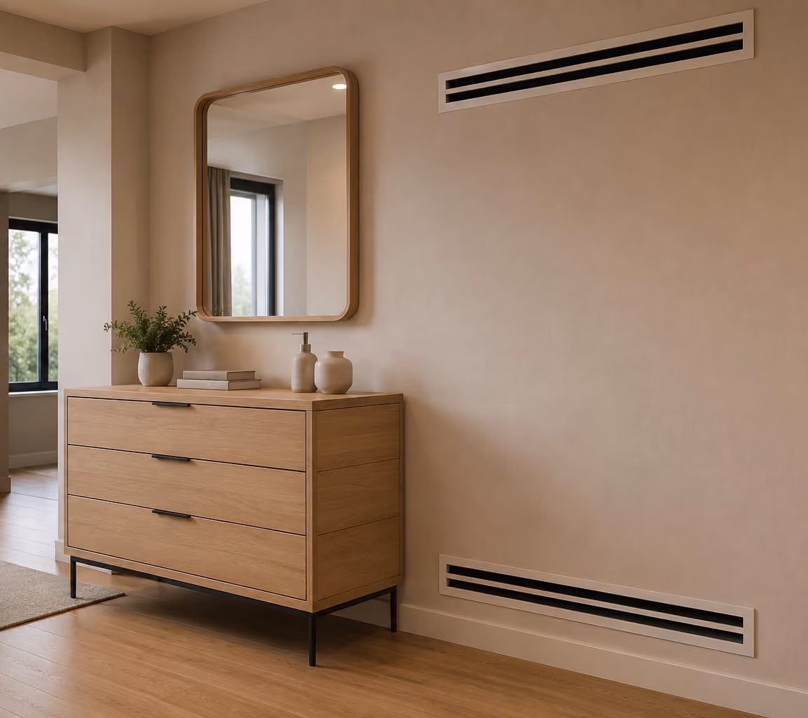 Minimalist wooden dresser with three drawers, a mirror, and decorative items on top in a neutral room.