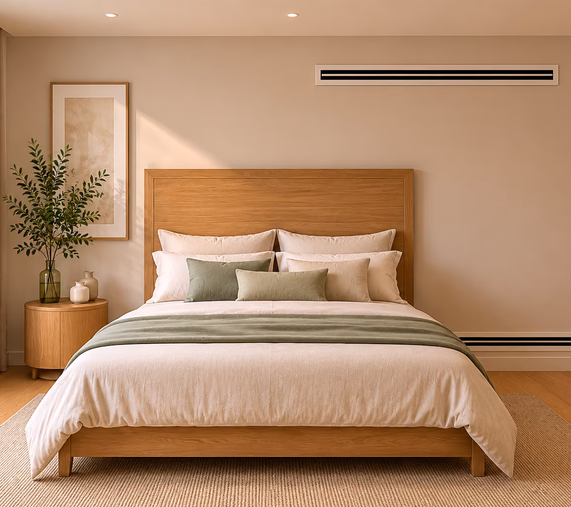 Modern bedroom with wooden bed, beige bedding, green pillows, round bedside table, and wall art.