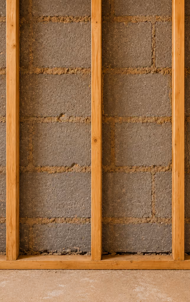 Wooden studs framing a wall with rough concrete blocks behind and a concrete floor below.